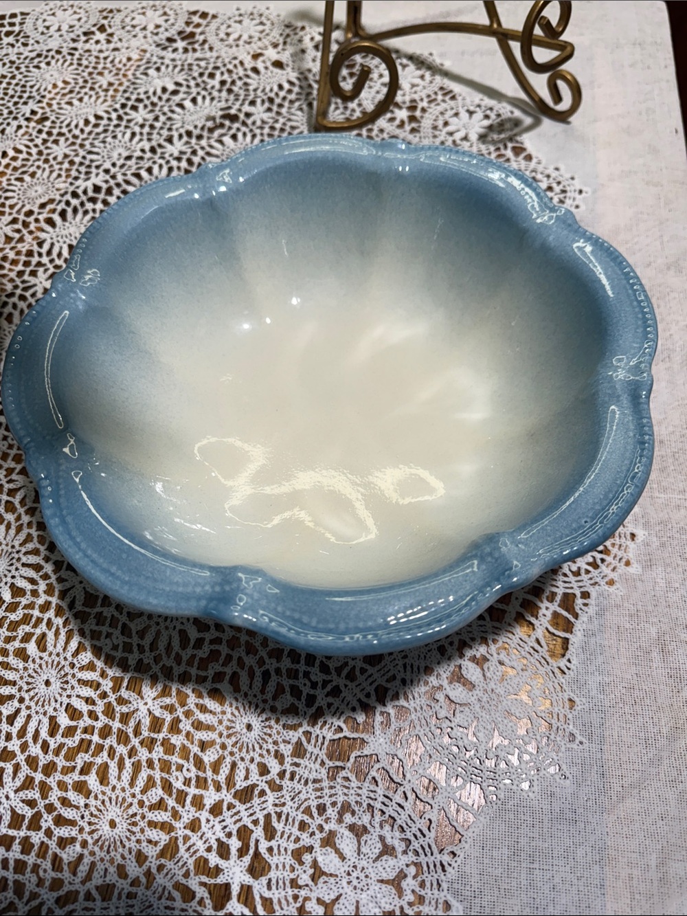 Scalloped Blue Ombre Ceramic wash basin for pitcher